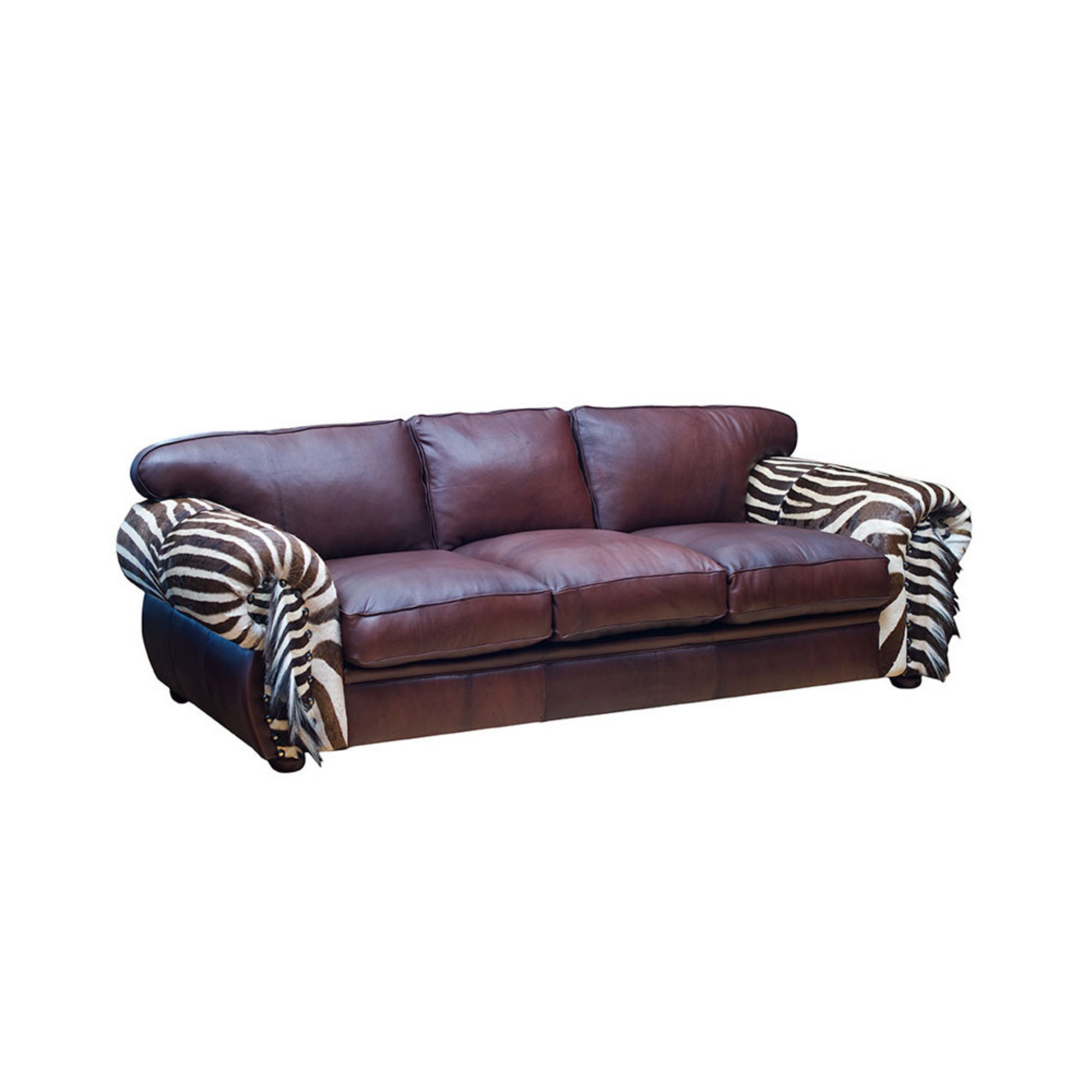 African Lodge Sofa in Burchell Zebra and Kudu Leather – Experience the essence of Africa with our African Lodge sofa, beautifully upholstered in Burchell Zebra and Kudu Leather. Transport the spirit of the wild to your living space.  International export of Burchell Zebra hides is available. Customize the sofa with your preferred sizes and materials, bringing a touch of African elegance to your home.